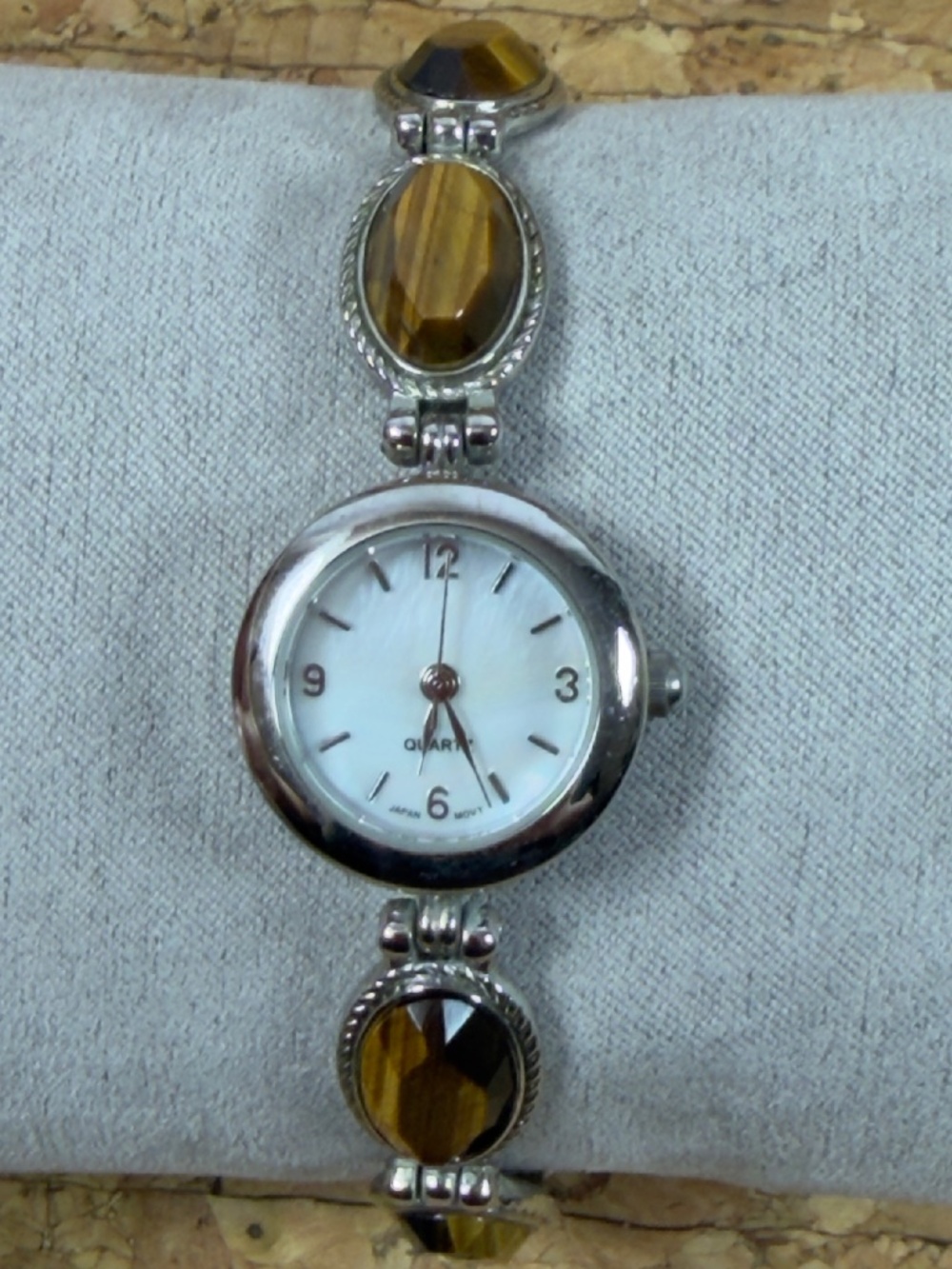 Vintage Avon Tiger Eye Bracelet Watch Quartz Japan Movt Silver Tone Dainty